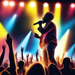 Create an image of a music artist performing on stage with vibrant lights and a cheering crowd