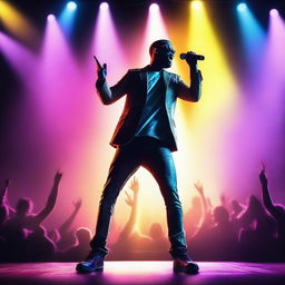 Create an image of a music artist performing on stage with vibrant lights and a cheering crowd