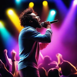 Create an image of a music artist performing on stage with vibrant lights and a cheering crowd