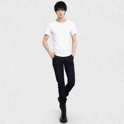 Anime style male character with Pakistani features, siren-black eyes and a short hairstyle, wearing white t-shirt, black pants and long boots.