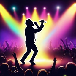 Create an image of a music artist performing on stage with vibrant lights and a cheering crowd