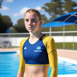 A 14-year-old girl wearing a water polo suit is standing by the edge of a swimming pool