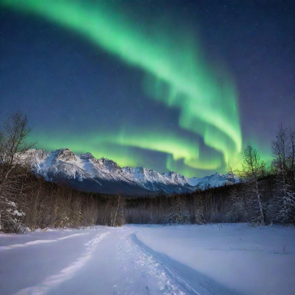 An enchanting image of an aurora borealis lighting up a starry night sky over a serene and snowy landscape.