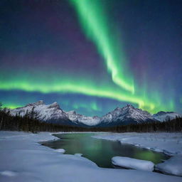 An enchanting image of an aurora borealis lighting up a starry night sky over a serene and snowy landscape.