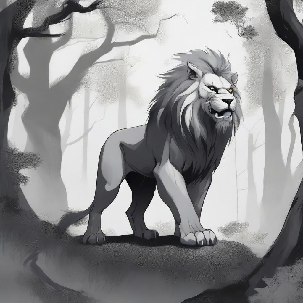 A depiction of a Chinese monster lion in gray tones