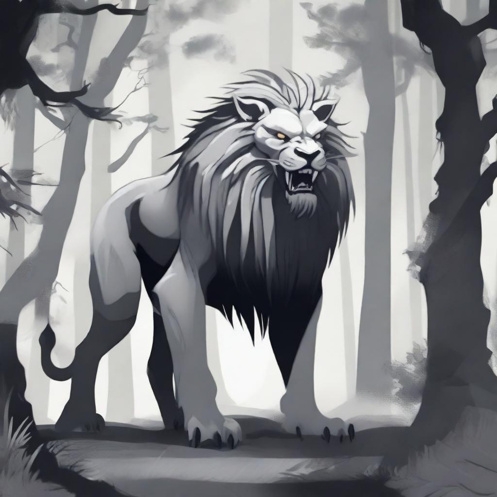 A depiction of a Chinese monster lion in gray tones