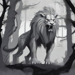 A depiction of a Chinese monster lion in grey tones, with a gaunt and eerie appearance