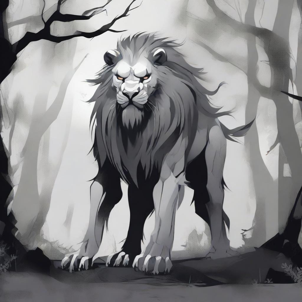 A depiction of a Chinese monster lion in grey tones, with a gaunt and eerie appearance