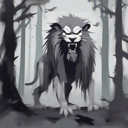 A depiction of a Chinese monster lion in grey tones, with a gaunt and eerie appearance