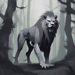 A depiction of a Chinese monster lion in grey tones, with a gaunt and eerie appearance