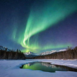 An enchanting image of an aurora borealis lighting up a starry night sky over a serene and snowy landscape.