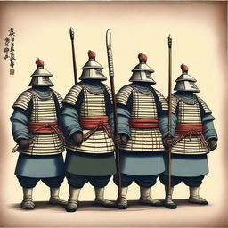 A depiction of a group of guards from the Edo period, each holding a yari (spear)