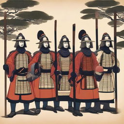 A depiction of a group of guards from the Edo period, each holding a yari (spear)