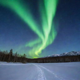 An enchanting image of an aurora borealis lighting up a starry night sky over a serene and snowy landscape.