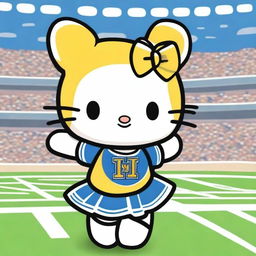 A cute Hello Kitty dressed as a cheerleader, wearing a blue and gold uniform with matching Pom Poms