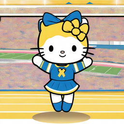 A cute Hello Kitty dressed as a cheerleader, wearing a blue and gold uniform with matching Pom Poms