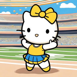 A cute Hello Kitty dressed as a cheerleader, wearing a blue and gold uniform with matching Pom Poms