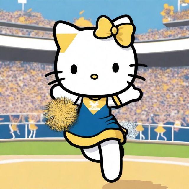 A cute Hello Kitty dressed as a cheerleader, wearing a blue and gold uniform with matching Pom Poms