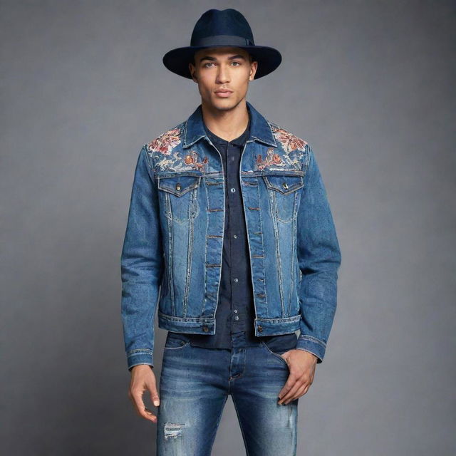 A striking male fashion ensemble for a denim challenge, featuring an innovative cut denim jacket with abstract embroidery, paired with slight distress skinny jeans and accessorized with a denim fedora.