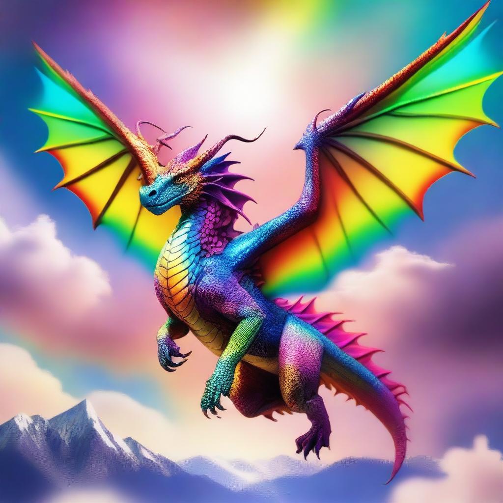 A vibrant and majestic female dragon, soaring through the sky with large, powerful wings