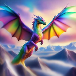 A vibrant and majestic female dragon, soaring through the sky with large, powerful wings