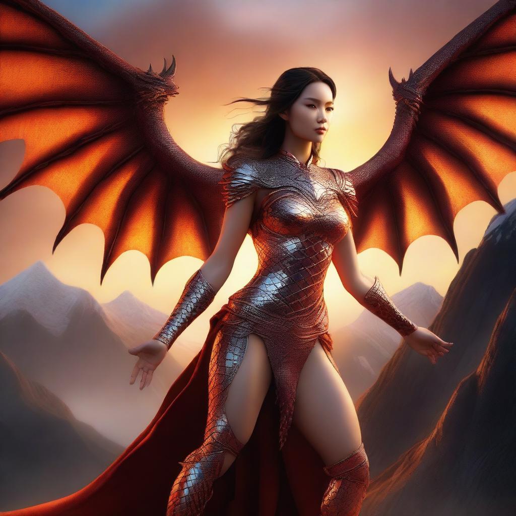 A powerful and majestic dragon woman, blending human and dragon features seamlessly