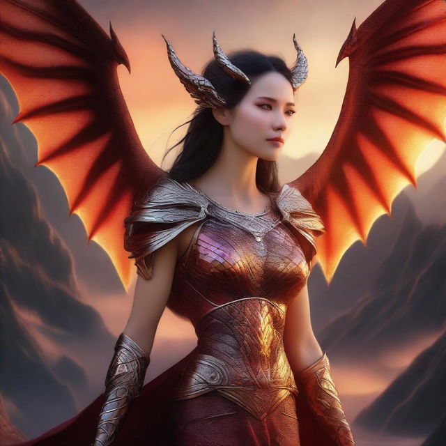 A powerful and majestic dragon woman, blending human and dragon features seamlessly