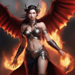 A fierce dragon woman with dragon-like features and human characteristics, including breasts