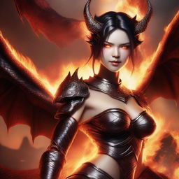 A fierce dragon woman with dragon-like features and human characteristics, including breasts