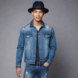 A striking male fashion ensemble for a denim challenge, featuring an innovative cut denim jacket with abstract embroidery, paired with slight distress skinny jeans and accessorized with a denim fedora.