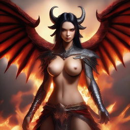 A fierce dragon woman with dragon-like features and human characteristics, including breasts