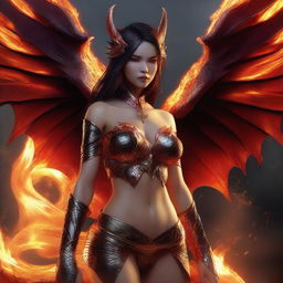 A fierce dragon woman with dragon-like features and human characteristics, including breasts