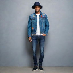 A striking male fashion ensemble for a denim challenge, featuring an innovative cut denim jacket with abstract embroidery, paired with slight distress skinny jeans and accessorized with a denim fedora.