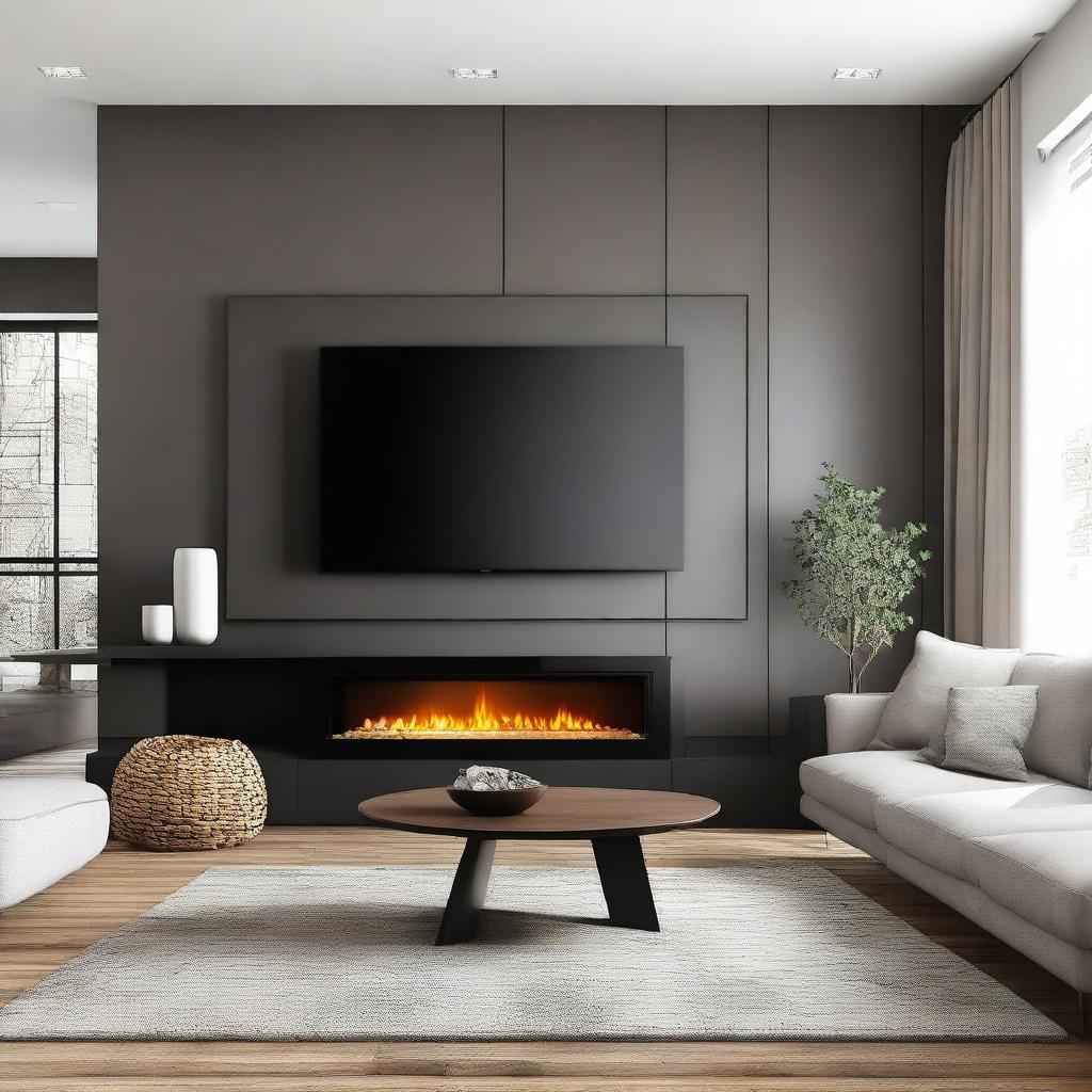 A cozy living room wall featuring a modern fireplace with a TV cabinet above it