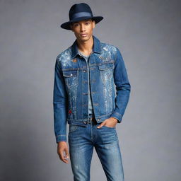 A striking male fashion ensemble for a denim challenge, featuring an innovative cut denim jacket with abstract embroidery, paired with slight distress skinny jeans and accessorized with a denim fedora.