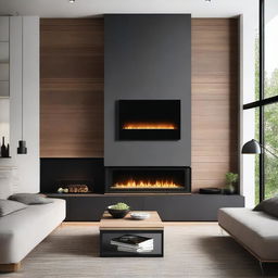 A cozy living room wall featuring a modern fireplace with a TV cabinet above it