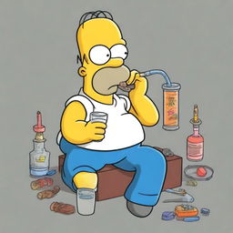Homer Simpson is depicted with a body full of tattoos and adorned with various pieces of jewelry