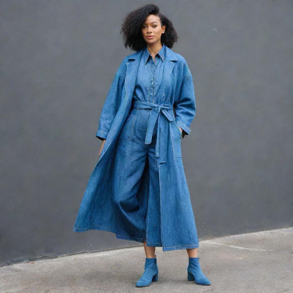 A creative gender-neutral ensemble for a denim challenge, showcasing a long, belted denim duster coat over matching denim culottes, garnished with an oversized denim bow tie and complemented by denim ankle boots.