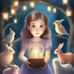 A whimsical and enchanting scene depicting a young girl holding a small box with a keyhole, surrounded by sparkling lights and magical creatures