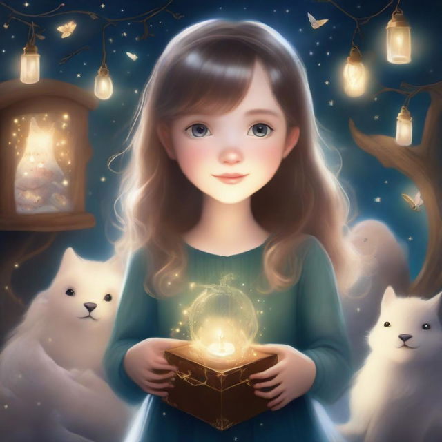 A whimsical and enchanting scene depicting a young girl holding a small box with a keyhole, surrounded by sparkling lights and magical creatures