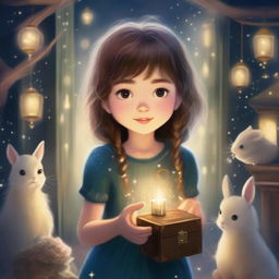 A whimsical and enchanting scene depicting a young girl holding a small box with a keyhole, surrounded by sparkling lights and magical creatures