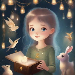 A whimsical and enchanting scene depicting a young girl holding a small box with a keyhole, surrounded by sparkling lights and magical creatures