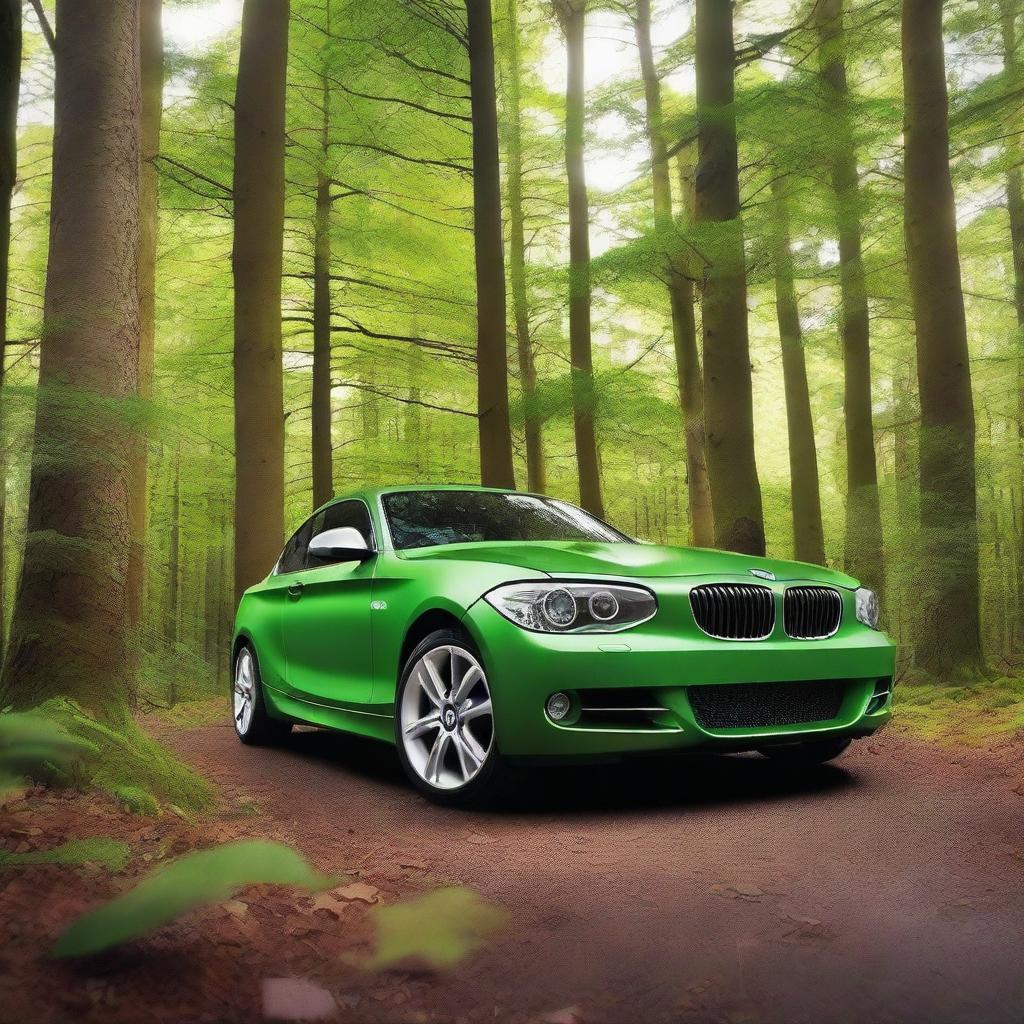 A detailed image of a 2011 BMW 1 Series parked in a lush, green forest