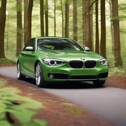 A detailed image of a 2011 BMW 1 Series parked in a lush, green forest