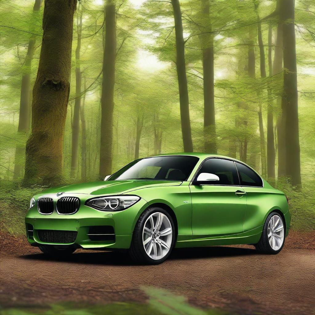 A detailed image of a 2011 BMW 1 Series parked in a lush, green forest