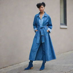 A creative gender-neutral ensemble for a denim challenge, showcasing a long, belted denim duster coat over matching denim culottes, garnished with an oversized denim bow tie and complemented by denim ankle boots.