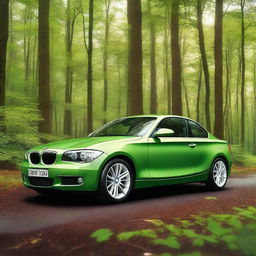 A detailed image of a 2011 BMW 1 Series parked in a lush, green forest