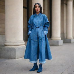 A creative gender-neutral ensemble for a denim challenge, showcasing a long, belted denim duster coat over matching denim culottes, garnished with an oversized denim bow tie and complemented by denim ankle boots.