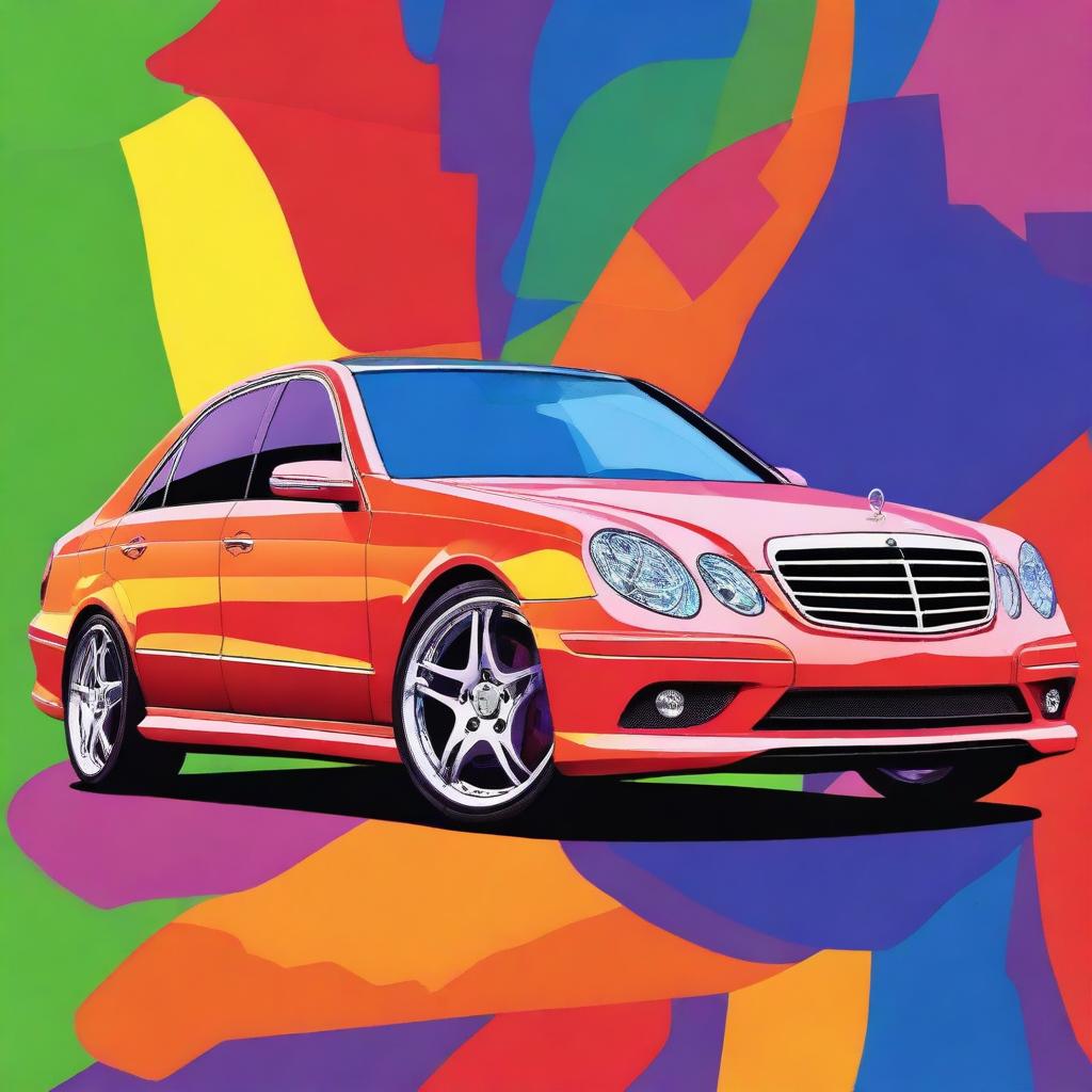 A painted art version of a 2008 Mercedes E-Class AMG, depicted in unusual and vibrant colors