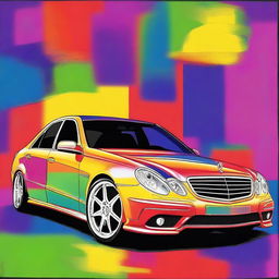 A painted art version of a 2008 Mercedes E-Class AMG, depicted in unusual and vibrant colors